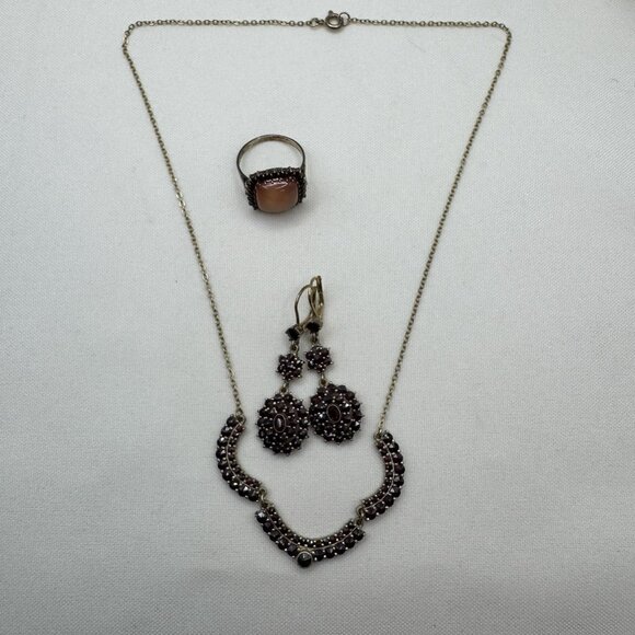 Stunning VTG Sterling Silver Garnet & Agate Set Necklace Earrings Ring Circa 50s - Picture 14 of 16